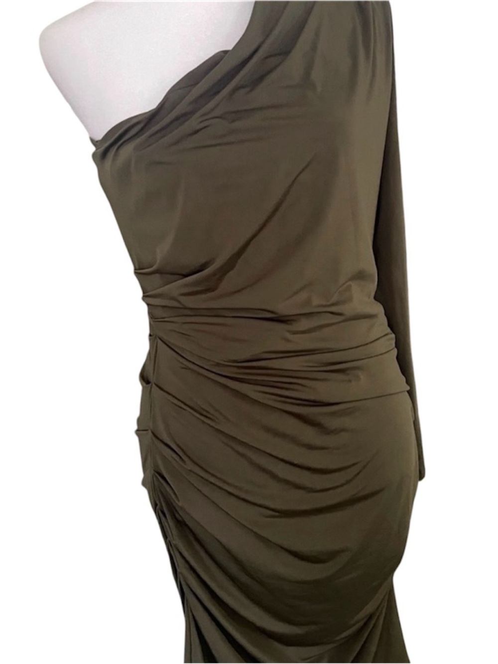 Express Olive One-Shoulder Ruched Mini Dress - Picture 2 of 3